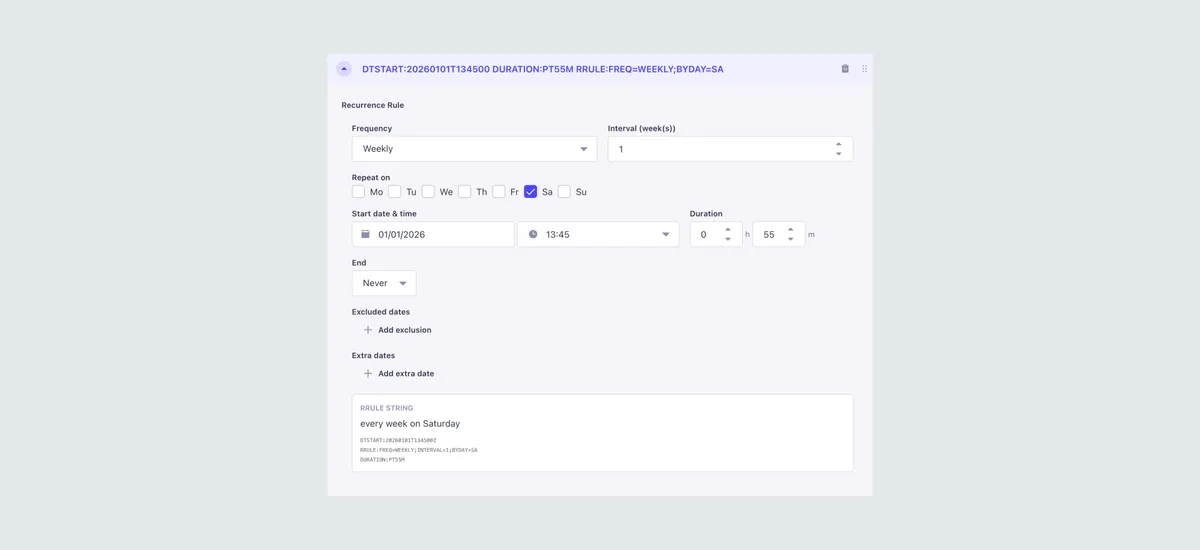 A piece of a Strapi interface showcasing the reccurence rule (Rrule) field